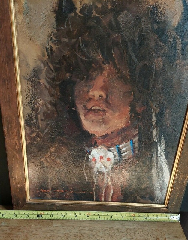 VTG ARIZONA NATIVE AMERICAN BUFFALO WARRIOR FRAMED OIL PAINTING. gallery