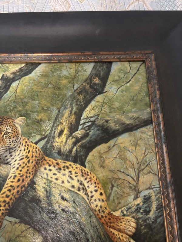Vintage Signed Oil Painting “ Leopard Resting In Tree” Print 24x20 Framed 33x29 gallery