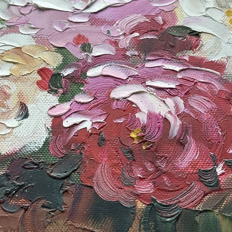 Expressionist Peony Bouquet Oil Painting Heavy Impasto Ornate Frame Art Signed gallery
