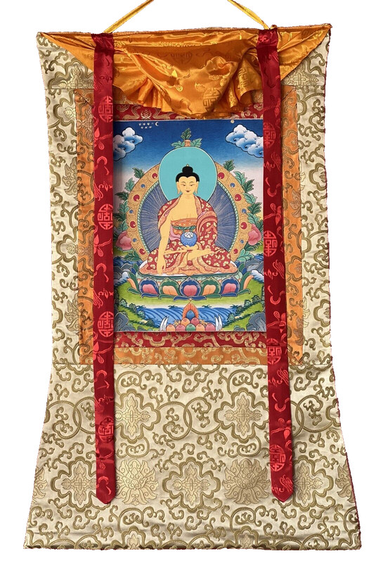 SHAKYAMUNI BUDHHA SIDDHARTHA ORIGINAL TIBETAN THANGKA PAINTING WITH SILK BROCADE