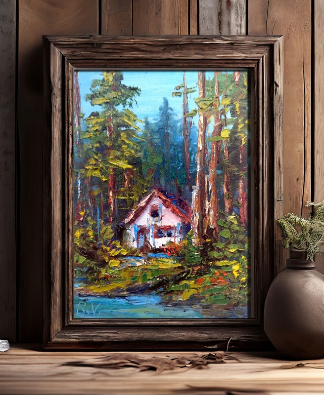 Pine Tree Forest Hidden House 7x9" Mount Rainier National Park Oil Painting gallery