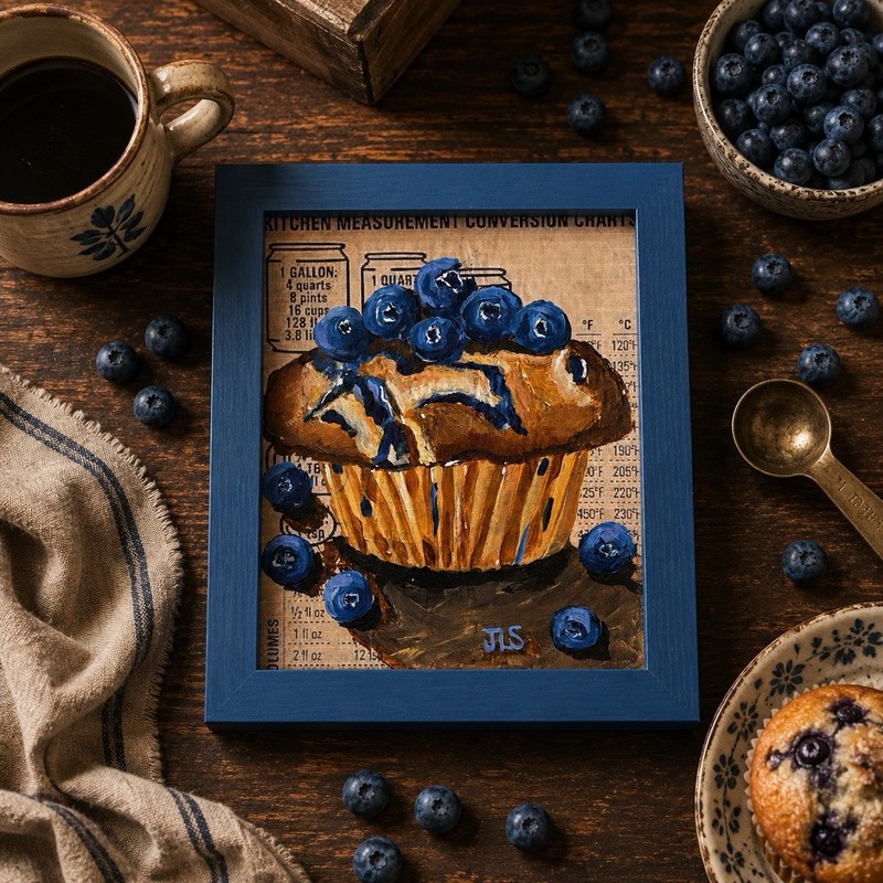 Blueberry Muffin Painting Kitchen Mixed Media, Breakfast, Framed 8x10 gallery