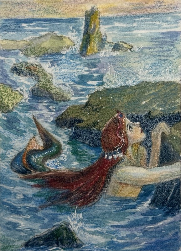 Original Watercolor ACEO Mermaid’s Gaze Fantasy Ocean Seascape Mini Art