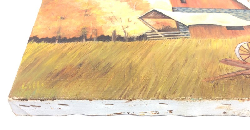 Naive Primitive Folk Art Painting Autumn Scene US Barn Farm Tractor Wagon gallery