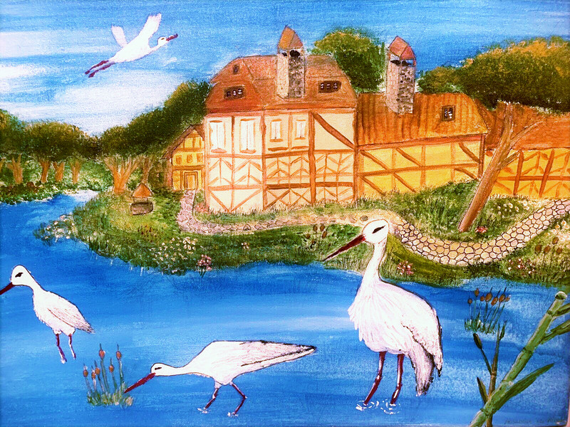 Cranes Of The Lake House Painting Water River Cottage Bird Landscape Artwork Art