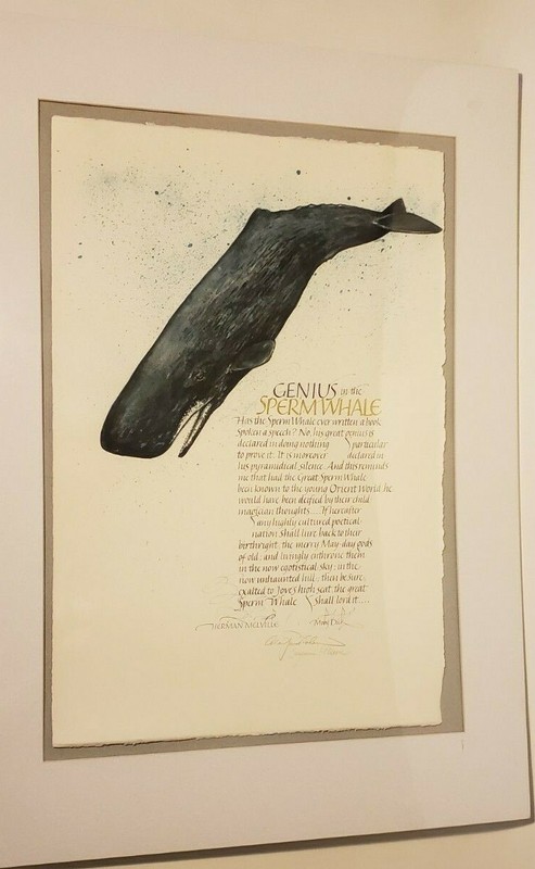 c.1985 ALAN JAMES ROBINSON ORIG. WATERCOLOR ‘SPERM WHALE’ w/ SUZANNE MOORE LETT.