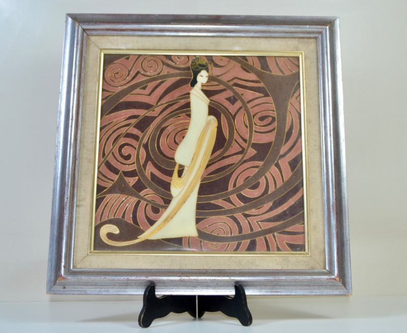 Hand Decorated Art Nouveau Panel Framed – Gold Swirl Stylized Woman 16 x 15.9 in