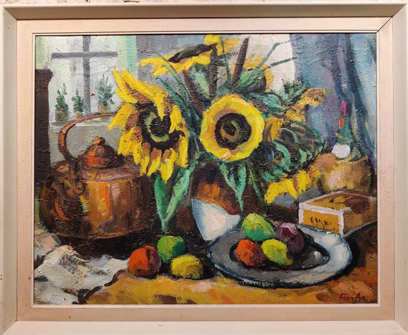 Finn Andersen (1909-1987): STILL LIFE – SUNFLOWER, FRUITS, KOPPER KETTLE