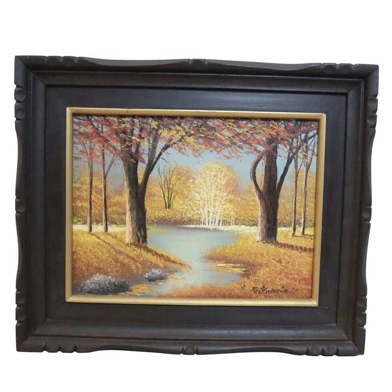 R Garcia Original Oil Painting Fall Landscape Trees Pond Rustic Framed 1970s