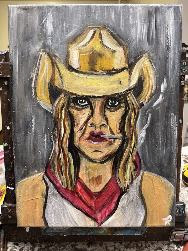 12×16 Acrylic On Stretched Canvas Painting Of A Worn Weathered Cowgirl Smoking.