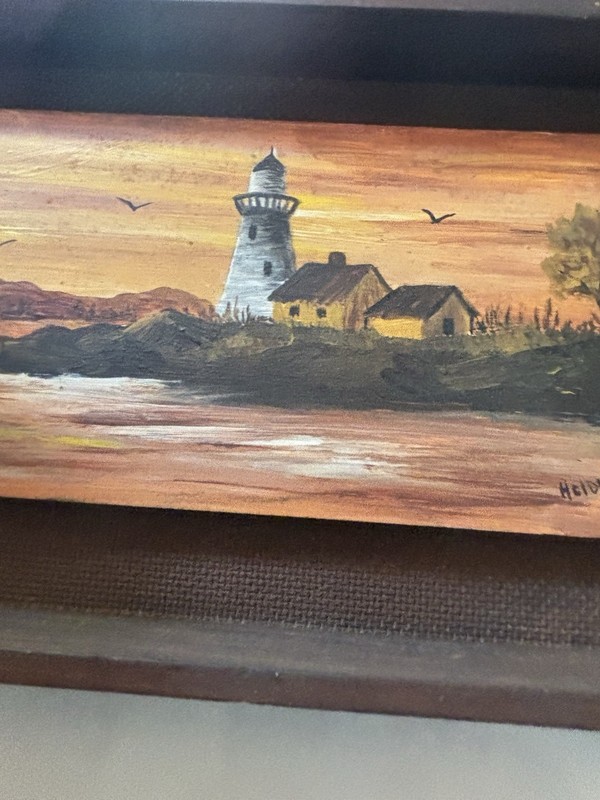 Panoramic Lighthouse Seascape Oil Painting, Framed Signed Holden