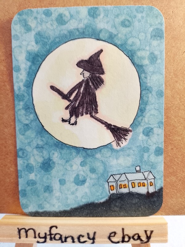 ACEO ATC Creepy witch Full moon Summerween painting new 3.5″ x 2.5″ myfancy