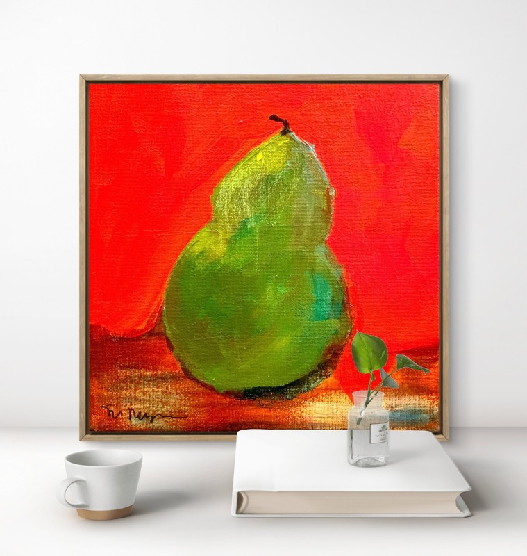 Vibrant Green Pear Acrylic Still Life Original Painting Red Background 8x8 gallery