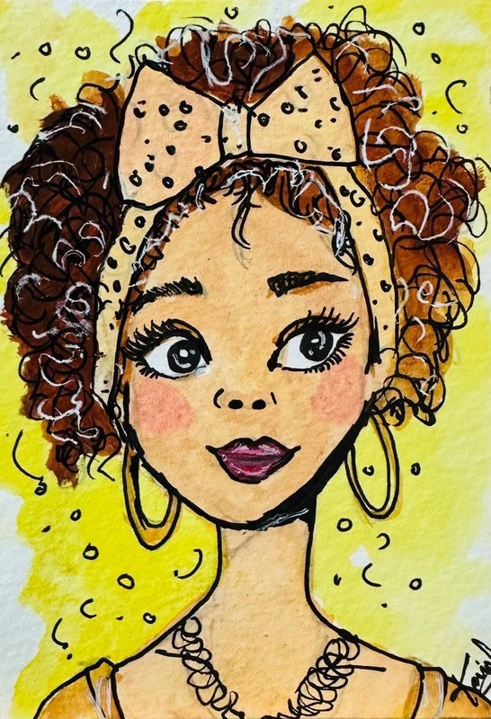ACEO Original Acrylic Painting Curly Girl Portrait Cartoon Styles Background Art