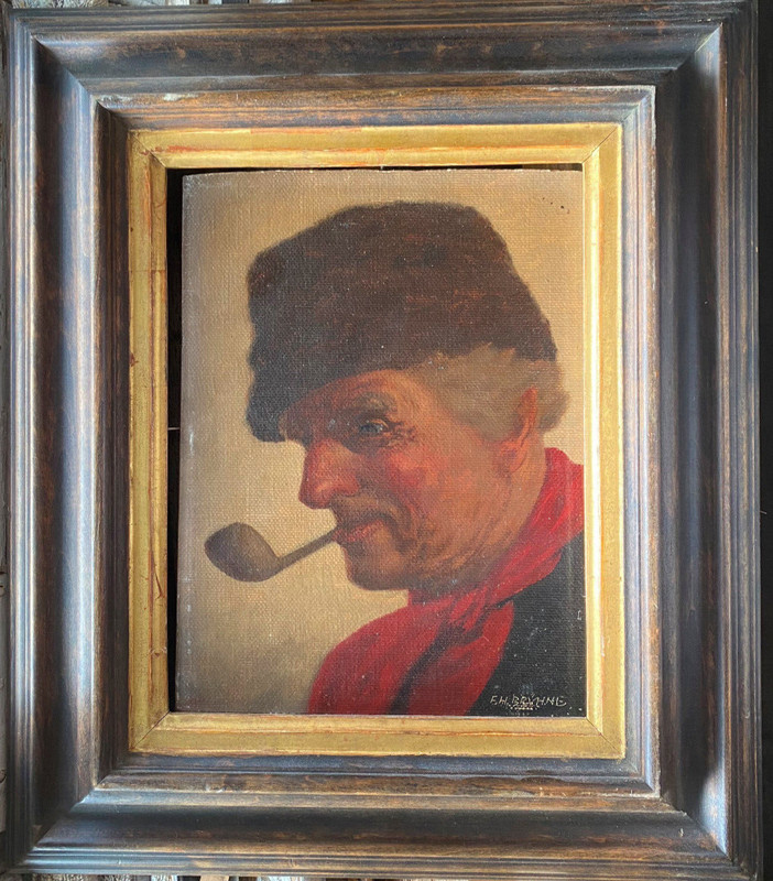 Friedrich Heinrich Brühne (1879-1949) Oil Painting Man with Pipe Red Scarf Hat