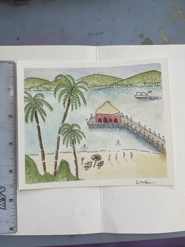 OOAK Ocean Beach Pier Tropical Island Landscape Watercolor Painting Coastal Core gallery