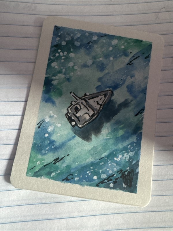 ACEO Original Painting Watercolor Ink Shortiez ink ATC Ocean Little Boat 2