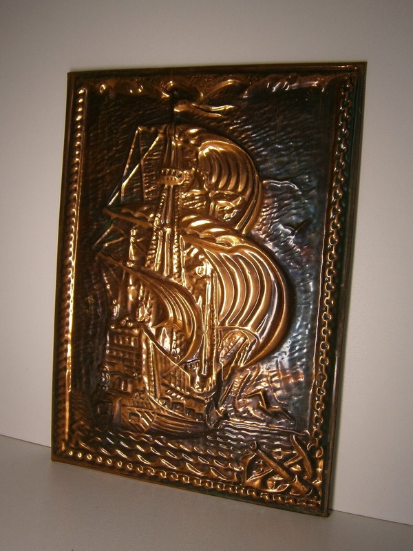 Sailing Ship Vtg Soviet Art Embossed Metal Picture Sea Ocean Sailboat Painting gallery