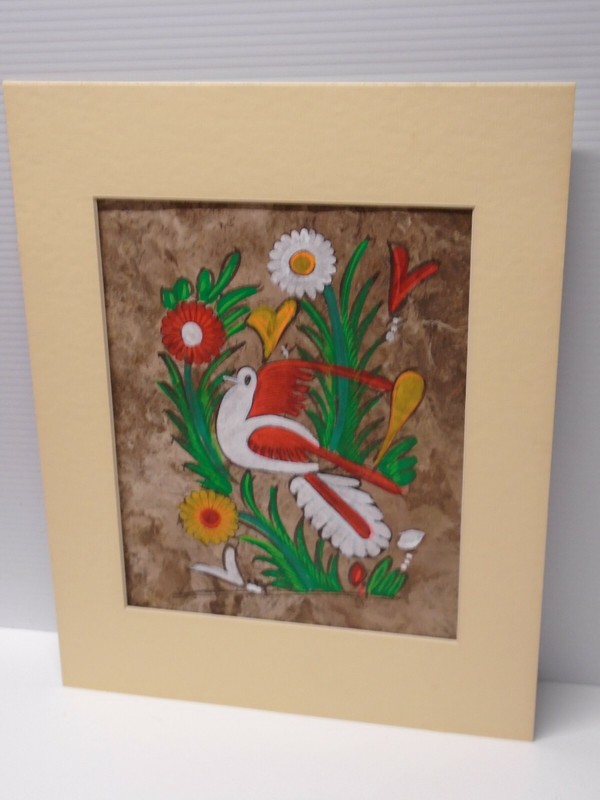Mexican Amate Bark Paper Art Painting White Bird & Flowers Matted 11″ x 14″