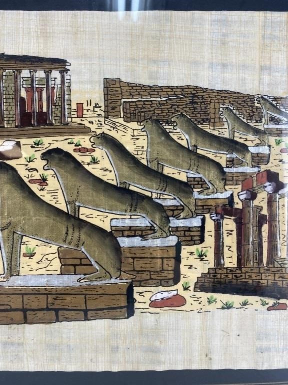 Egyptian painting on parchment paper framed art 17" x 21" overall gallery