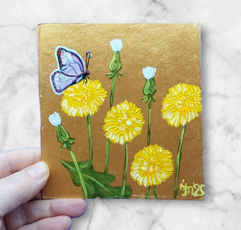 Dandelions Butterfls Original Painting Wildflowers Gold Framed Small Wall Art gallery