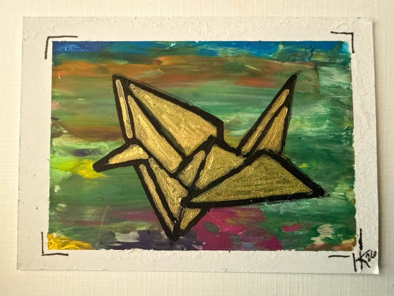Original ACEO “Golden Crane” Miniature Oil Pastels Origami Crane