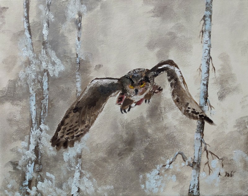 Oil Painting Owl Bird Predator Hunting Snow Winter Forest Landscape Art A. Joli
