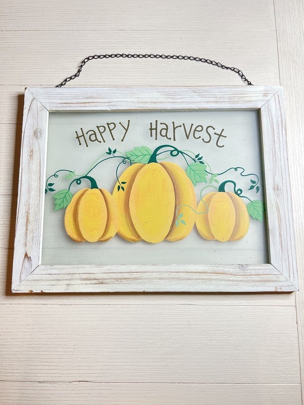 Rustic Farmhouse Style Glass Painting Framed With Chain Hanger “ Happy Harvest”