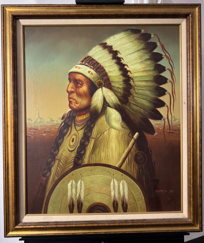 Original Kenneth Su Oil On Canvas INDIAN CHIEF 25×29″ Vintage