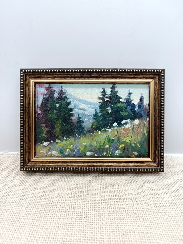 Signed Oil Painting Summer Mountain Forest with Wildflowers Landscape 6x4 Framed gallery