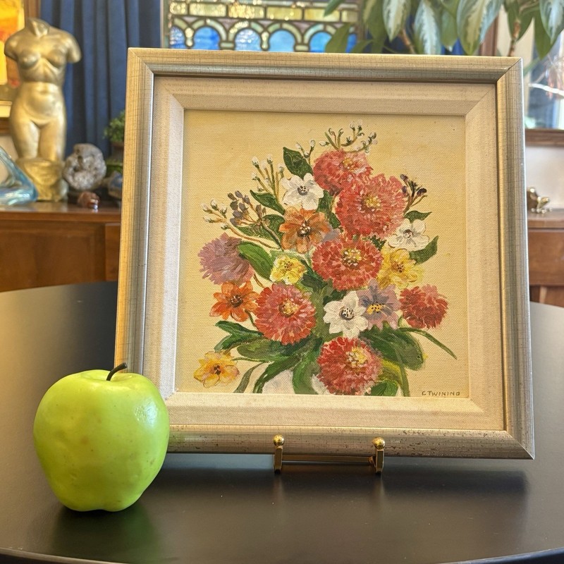 Vtg Original Zinnia Still Life Painting Bright Floral Bouquet Square Framed Art gallery