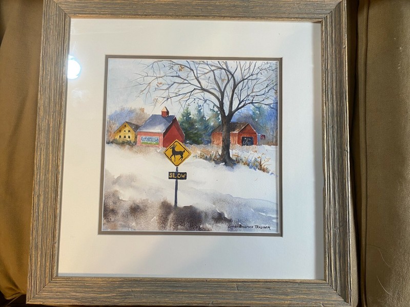 Linda Bohlman Trauger «Rural Winter Landscape Scene» Watercolor Painting Framed