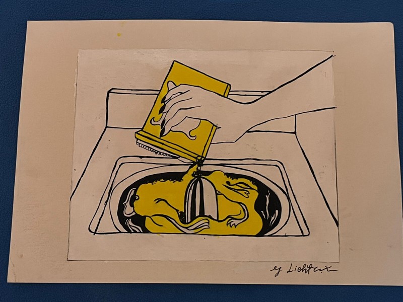 ROY LICHTENSTEIN drawing and painting on old paper signed stamped vintage