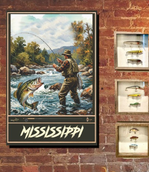 Bass Fly Fishing Travel Poster Mississippi Print, Canvas, or Framed