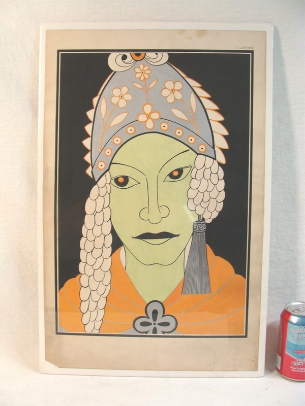 Original 1933 J Lentino Art Deco Woman Illustration Art W/C Painting 2