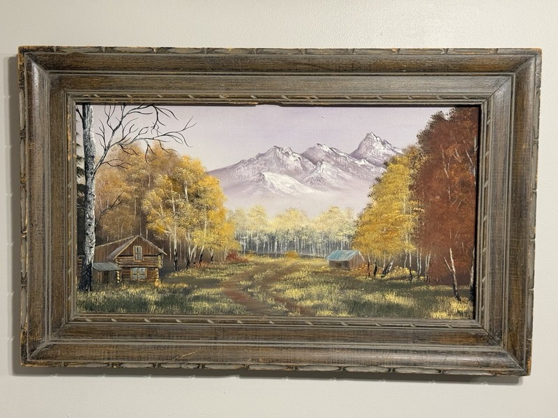 Vintage Mountain Landscape Oil Painting Cabin Rustic Lodge Framed Canvas Art