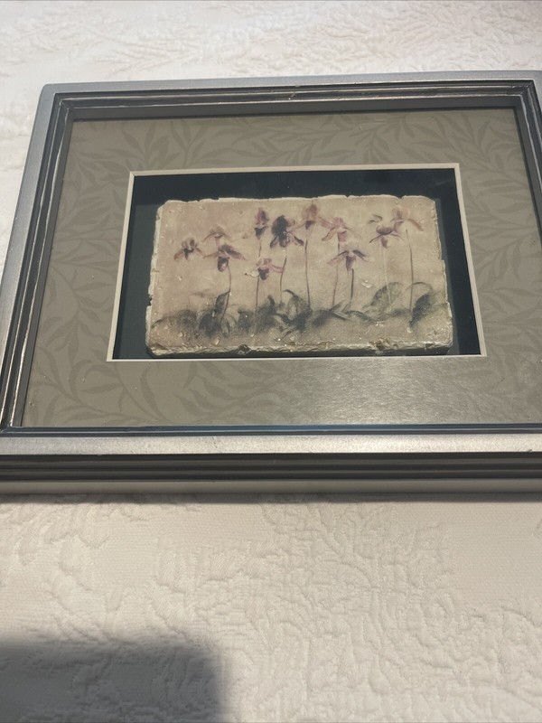 Cherie Blum (3) Paintings Of dancing Flowers On Stone Tile In Shadow Boxes 9×7
