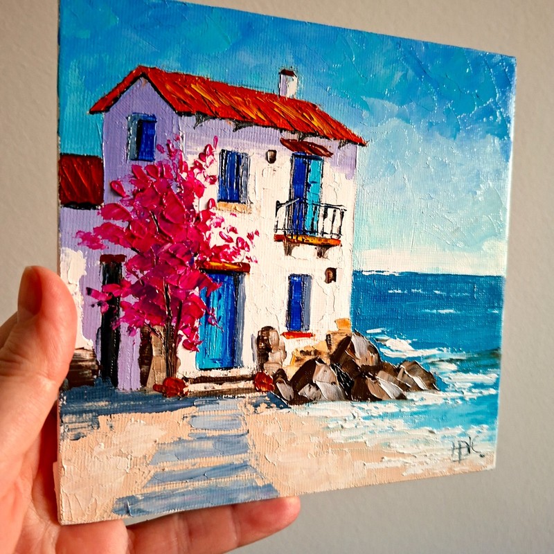 Santorini Original Oil Painting Greek House on the Coast with Bougainvillea 6х6 gallery