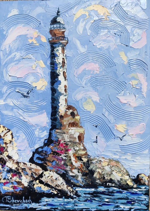 Lighthouse Original Oil Painting Landscape Seascape Sea Hand Painted Art 12×8.5