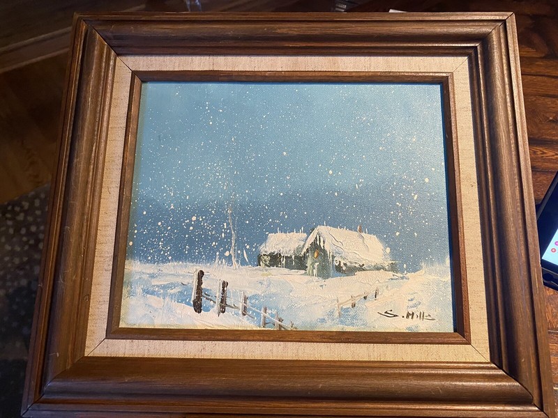 Original Vintage artist S.HILLS oil PAINTING “ Homestead Snowstorm” landscape