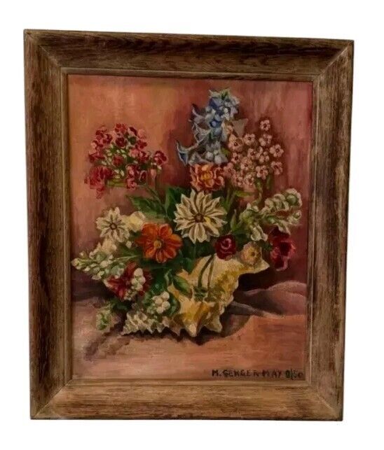 Vintage 1950 Signed Oil Painting by M. Senger – Framed Still Life Flowers 20×24