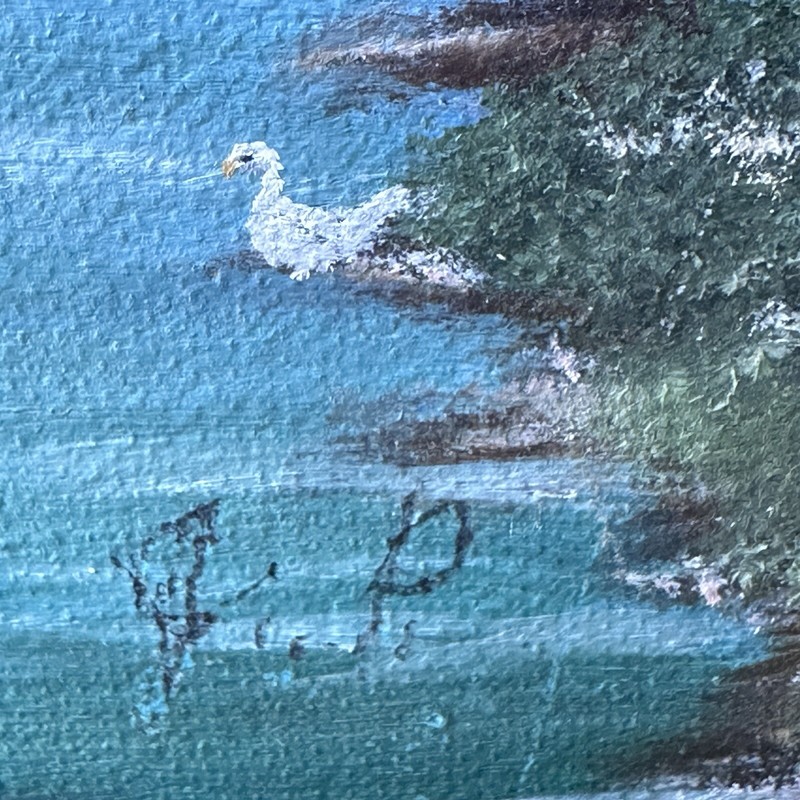 VTG Original Oil Painting 19x16 Inch Canvas Cabin River Mountain Church Flowers gallery