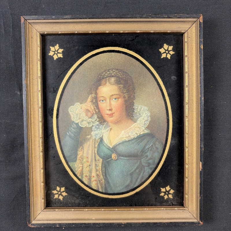Antique MINIATURE PAINTING PORTRAIT of a BEAUTIFUL YOUNG LADY With Blue Dress
