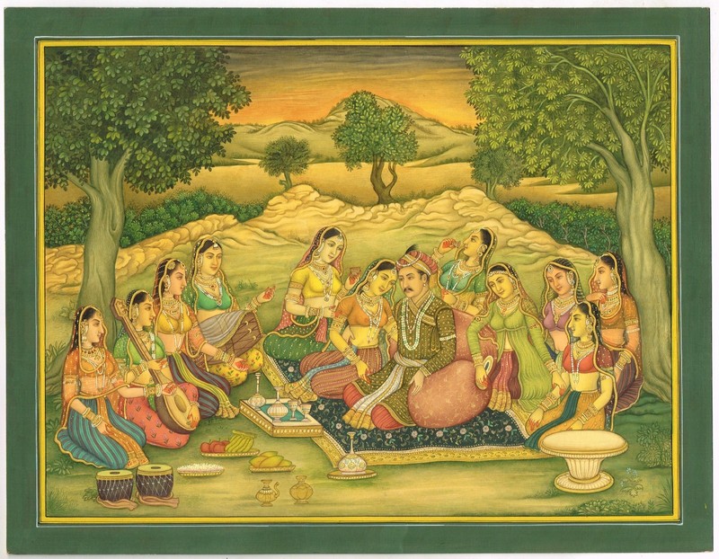 Mughal Painting Of King &Queen With Women Attendants Enjoying Music In garden