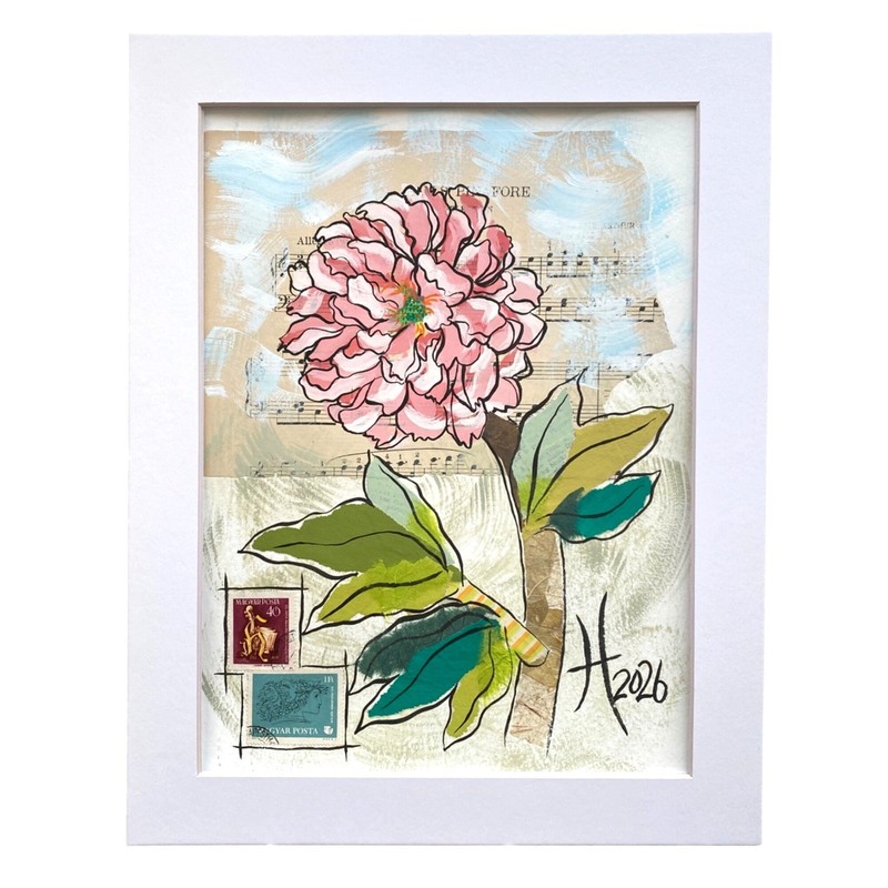 Peony Music Original Art Gouache Collage Painting 11x14in Matted Frame Ready gallery