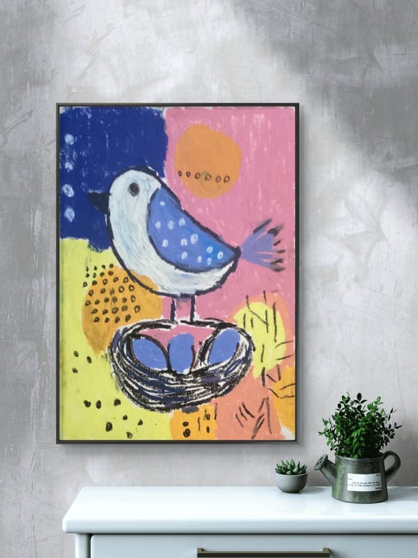Abstract Colorful Expressionism Blue Eggs Bird Original Art 11x14 on Paper gallery