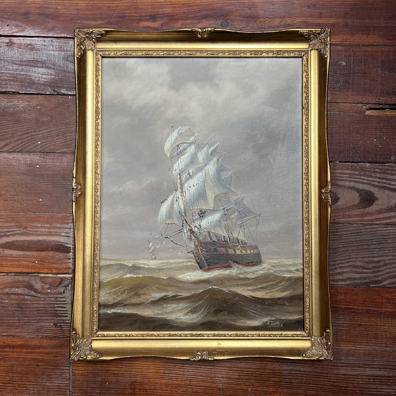 J. James, Clipper ship on the ocean, oil on canvas painting, framed