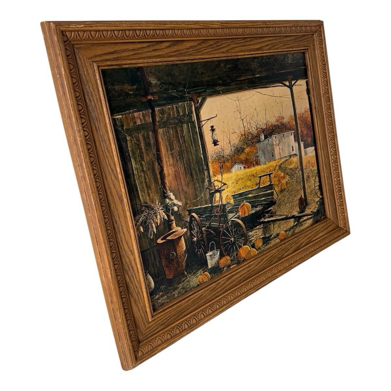Framed Realism Oil Painting of Barn, Pumpkins, Wagon and Farm Landscape