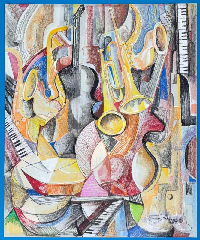 Emmy Lu Large Original Pastel Drawing/Painting «Untitled» Musical instruments