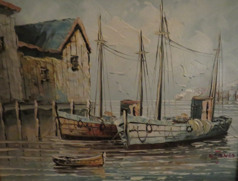 FRAMED NAUTICAL HARBOR SCENE WITH SHIPS DOCKED AT A PIER OIL ON PAINTING SIGNED gallery